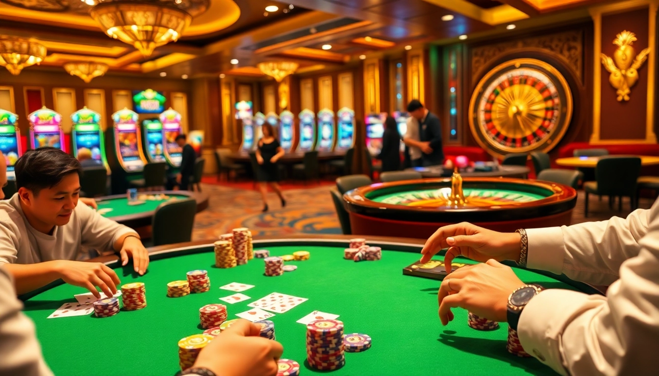 Engaging kp88 poker table scene with chips, cards, and a roulette wheel, reflecting excitement.