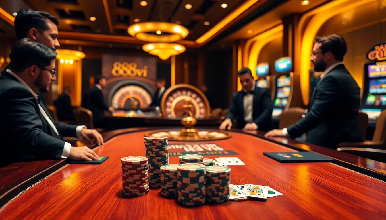 Engaging poker action capturing the thrill at 888vi casino with colorful chips and cards.