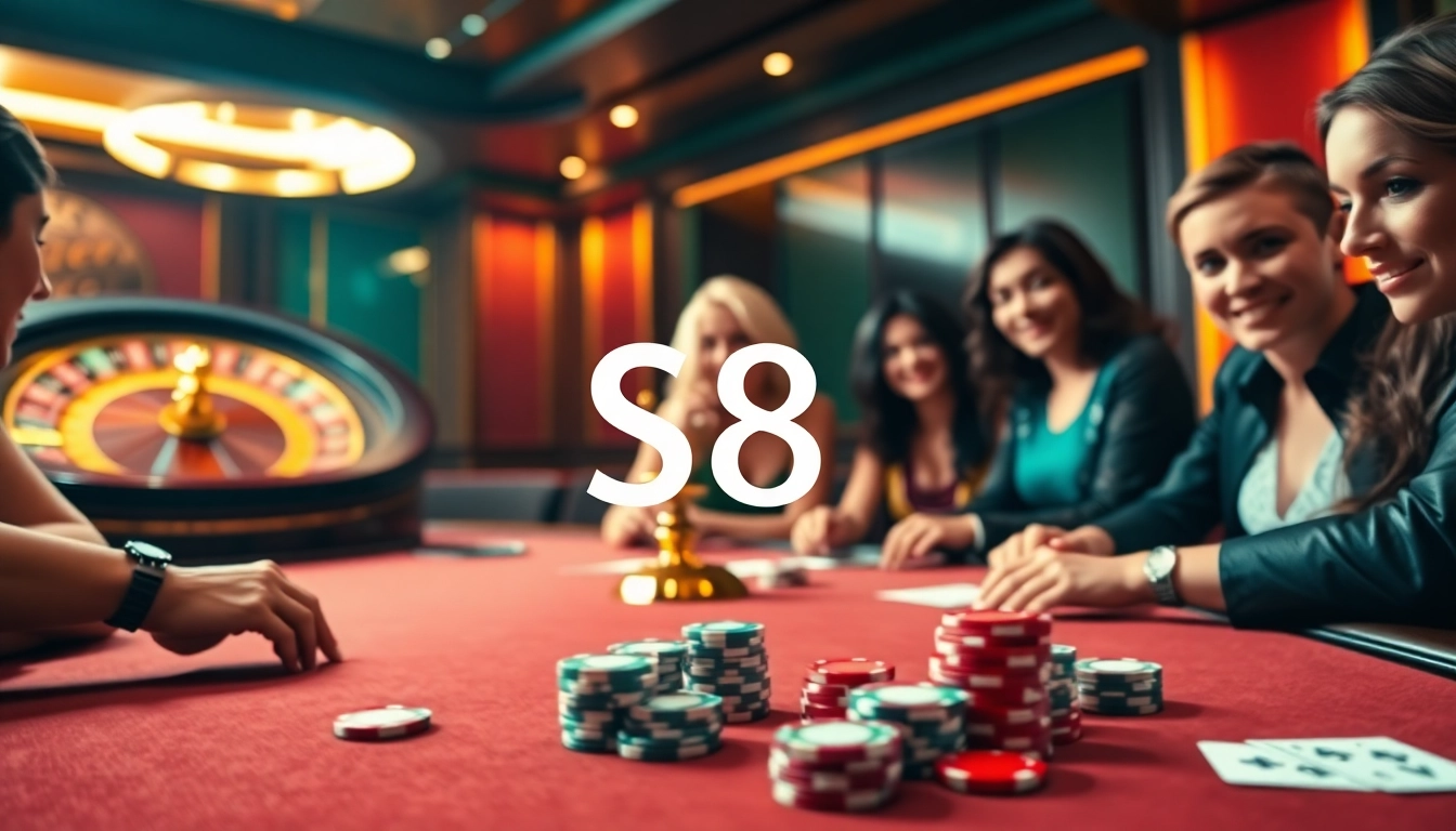 S8 logo featured prominently at a luxury casino table with poker chips and cards.