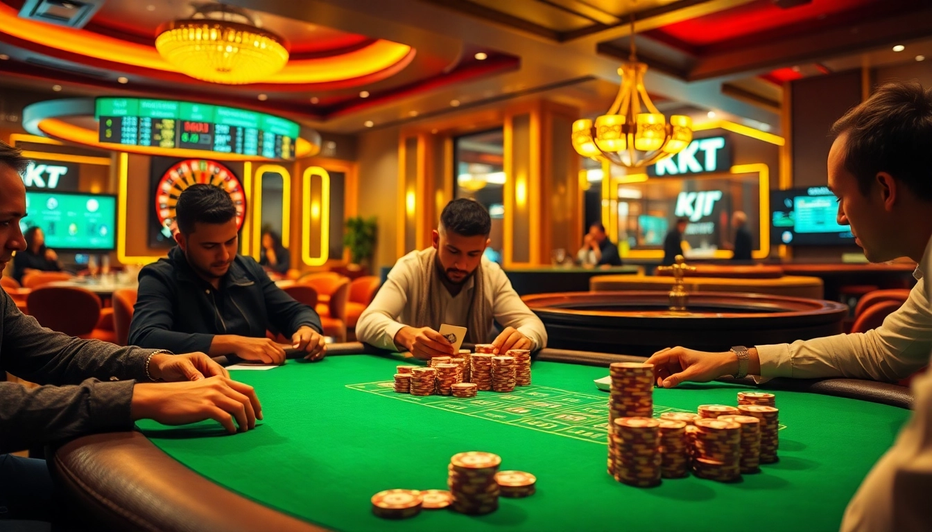 KJC poker players competing at a luxurious casino table with vibrant chips and a roulette wheel.
