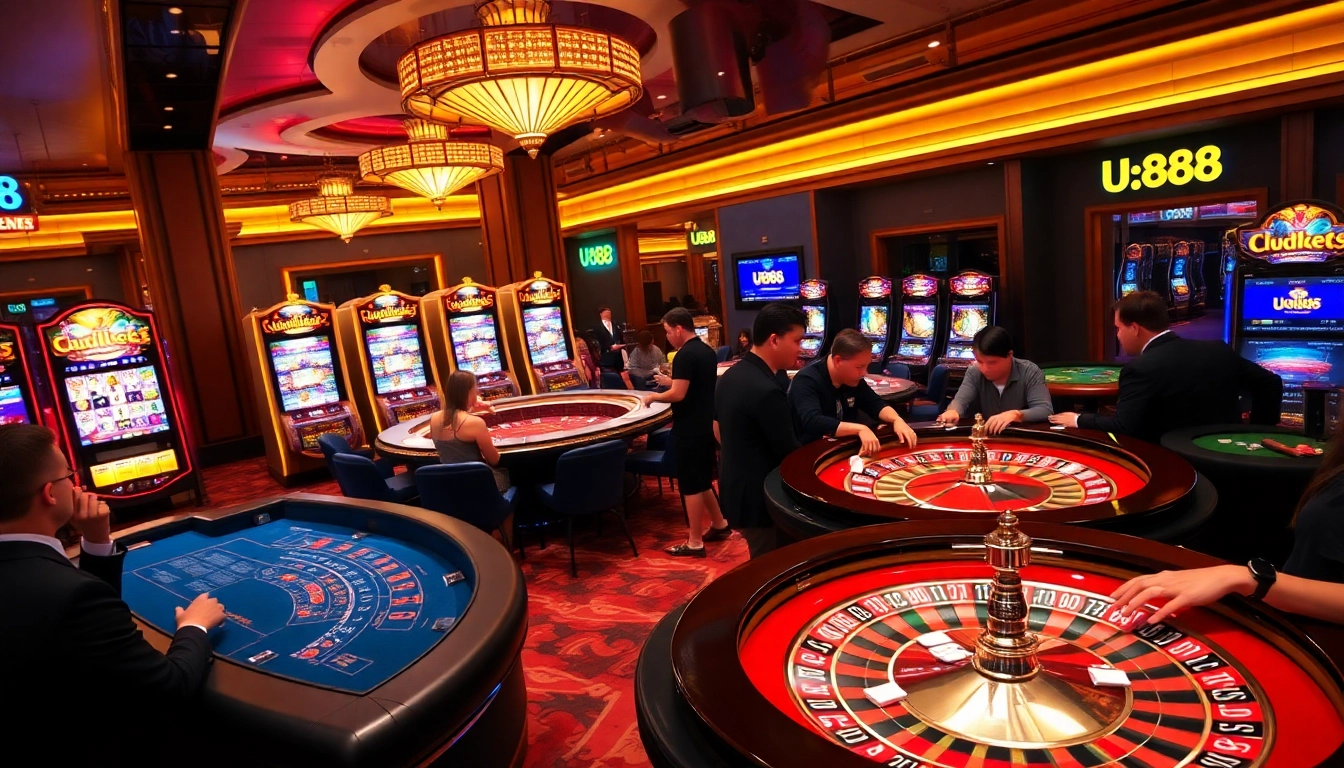 U888 betting excitement at a luxurious casino with vibrant slot machines and roulette tables.