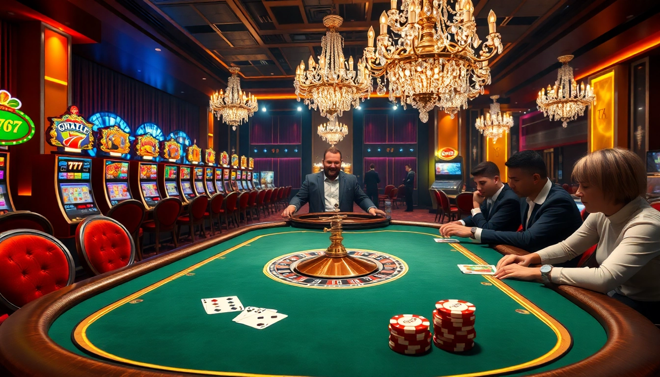 Engaging players at a luxurious casino table showcasing 6L777-themed poker chips and cards.