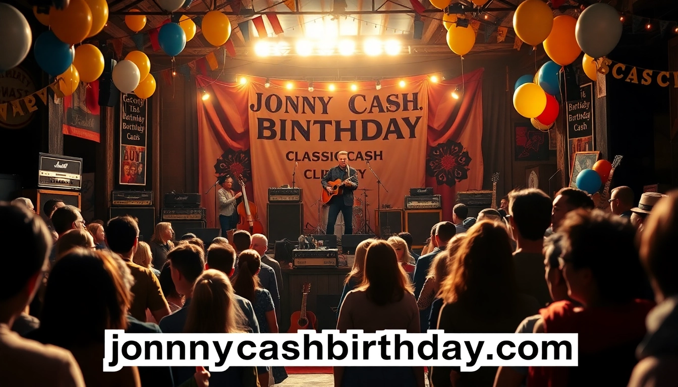 Celebration scene at johnnycashbirthday.com with festive crowd and live music