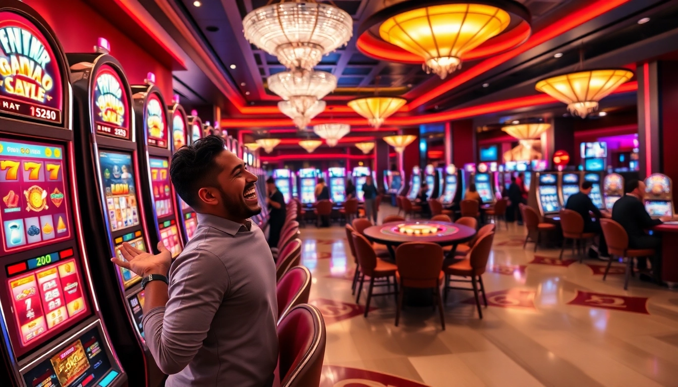 Experience the thrill of winning at the meilleur casino en ligne belgique, showcasing vibrant slot machines and engaged players.