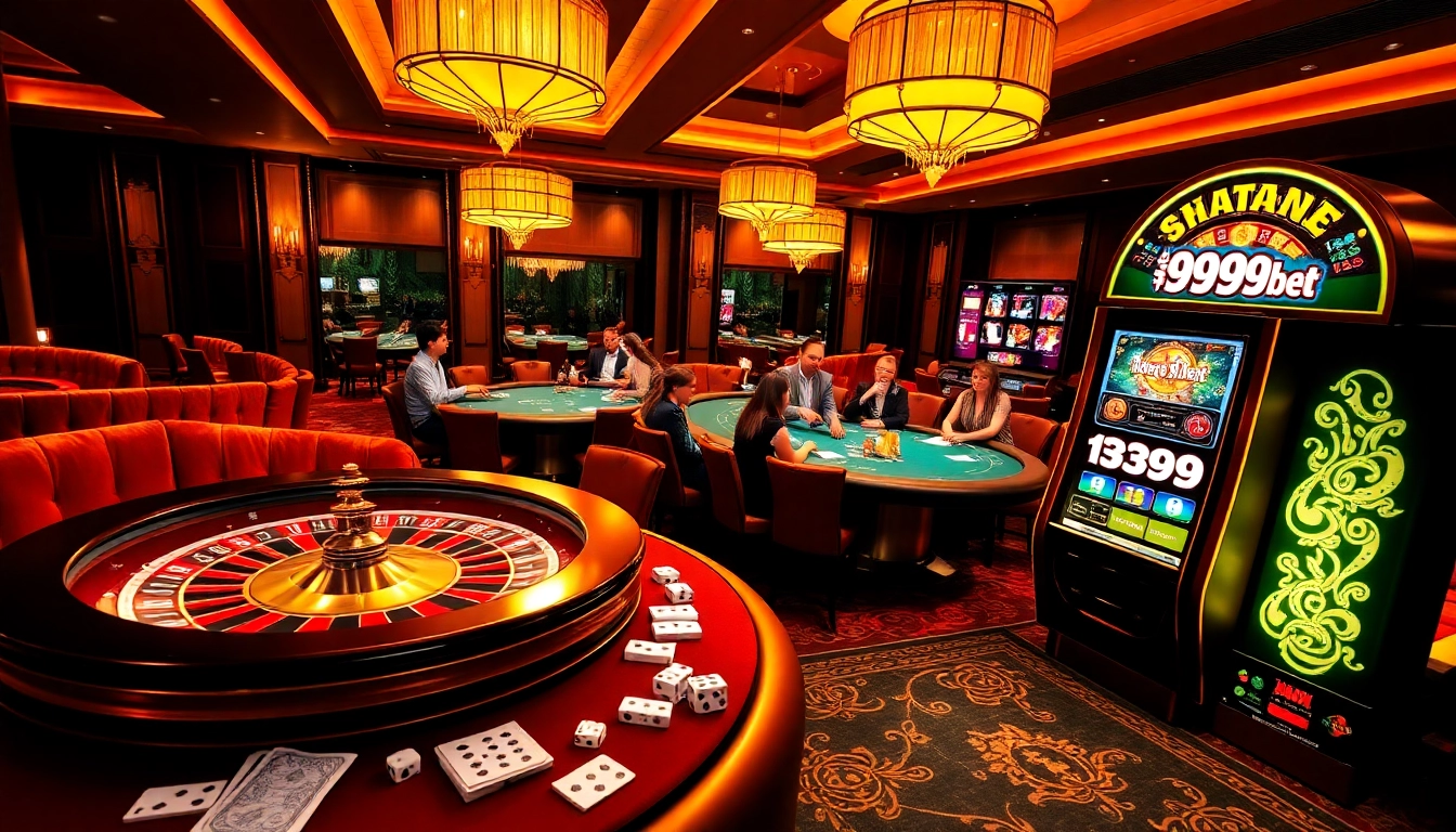 Players enjoying high-stakes games at 999bet casino with vibrant tables and luxurious atmosphere.