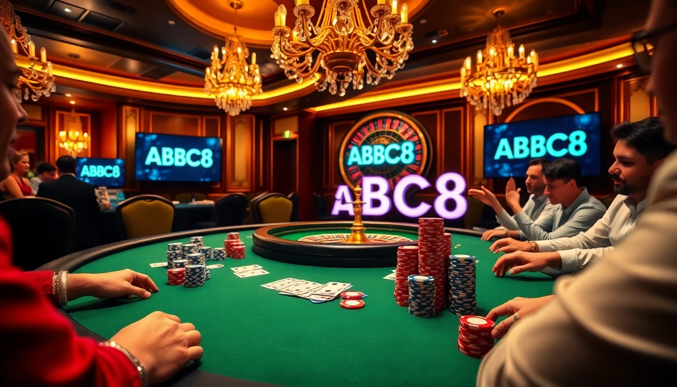 Players at a casino table enjoying ABC8-themed poker excitement with vibrant chips and cards.