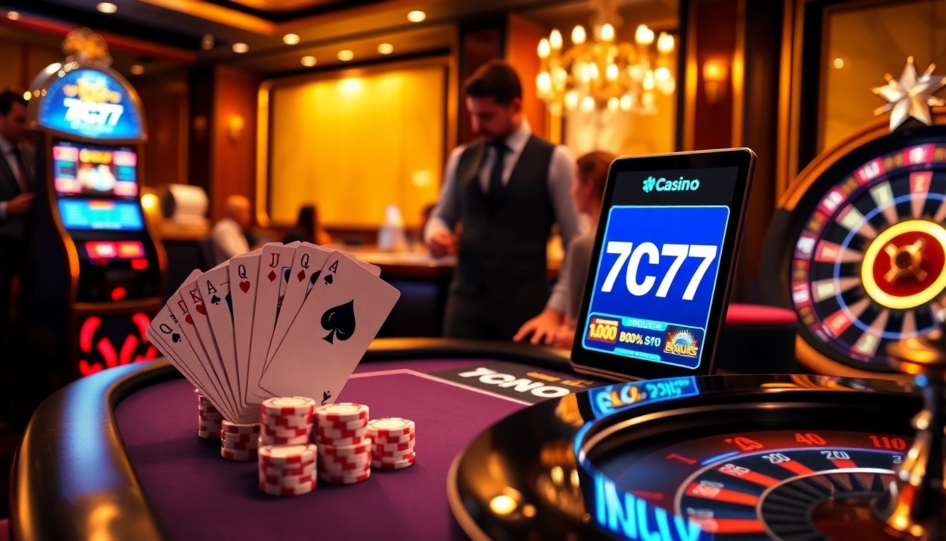 Experience the thrill at 7C77 Casino with vibrant gaming tables, cards, and spinning roulette wheels.