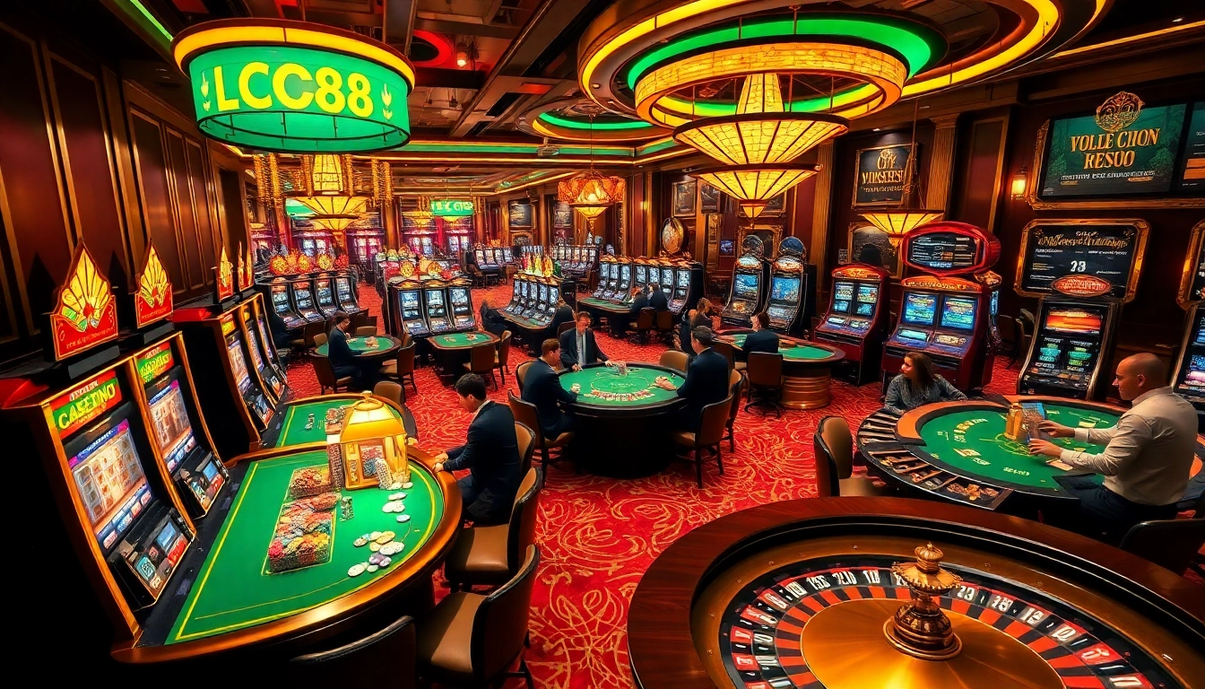 Experience thrilling gameplay at LC88's luxurious casino atmosphere with vibrant tables and exciting betting.