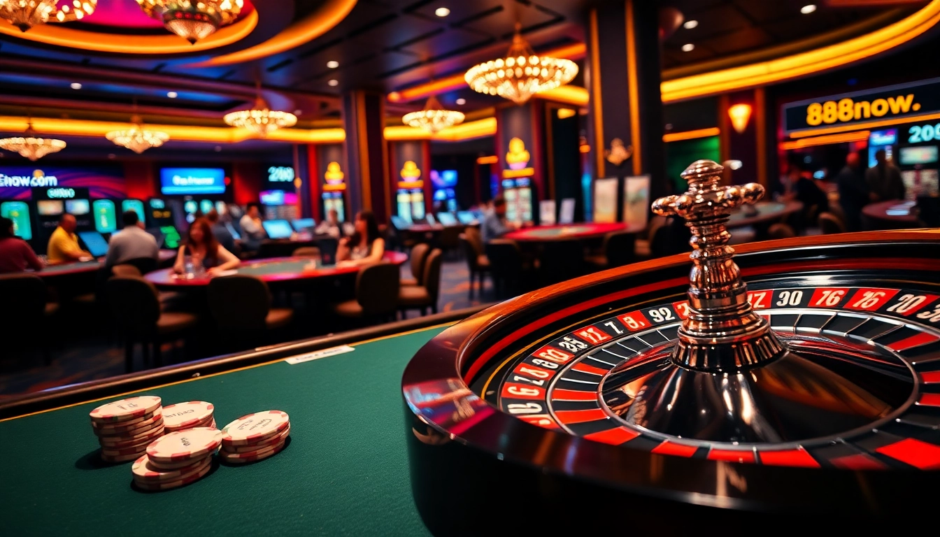 Experience the thrill of gambling at 888now.com with an exciting poker table scene featuring cards and chips.