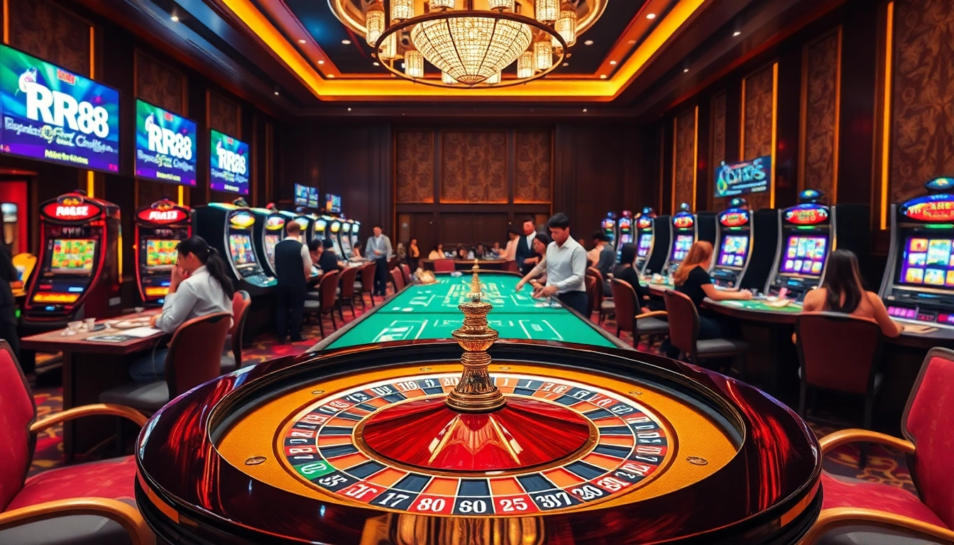 Experience the excitement of RR88 at a luxurious casino, featuring roulette, chips, and strategic gameplay.