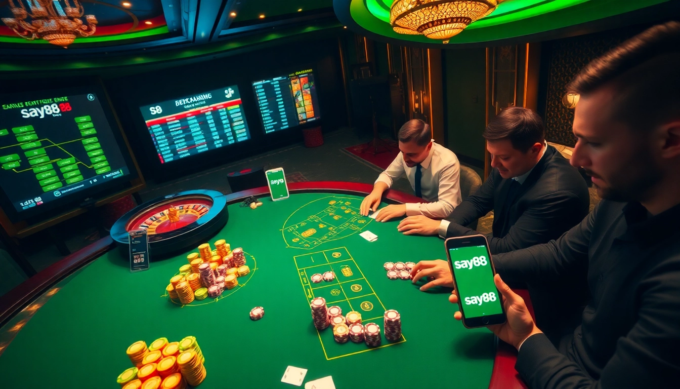 Exciting gambling scene at say88 with a poker table, chips, and a roulette wheel, showcasing sports betting action.