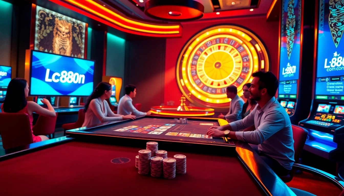 Exciting online gambling atmosphere featuring Lc88 com displayed on sleek casino screens.