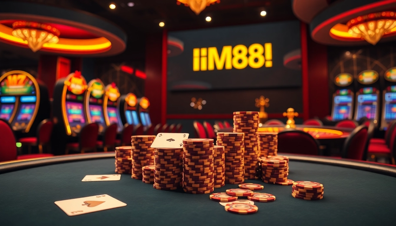 Experience the thrill of MM88 as players engage in exciting casino games with elegant poker setups and vibrant slot machines.