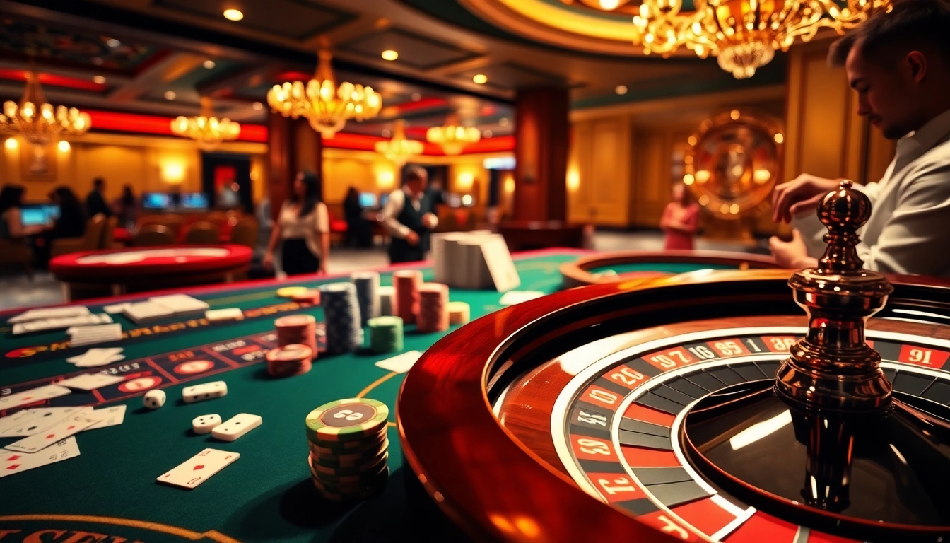 Experience the excitement of Trang Chủ 56WIN with vibrant casino gaming visuals, featuring dice, cards, and chips.