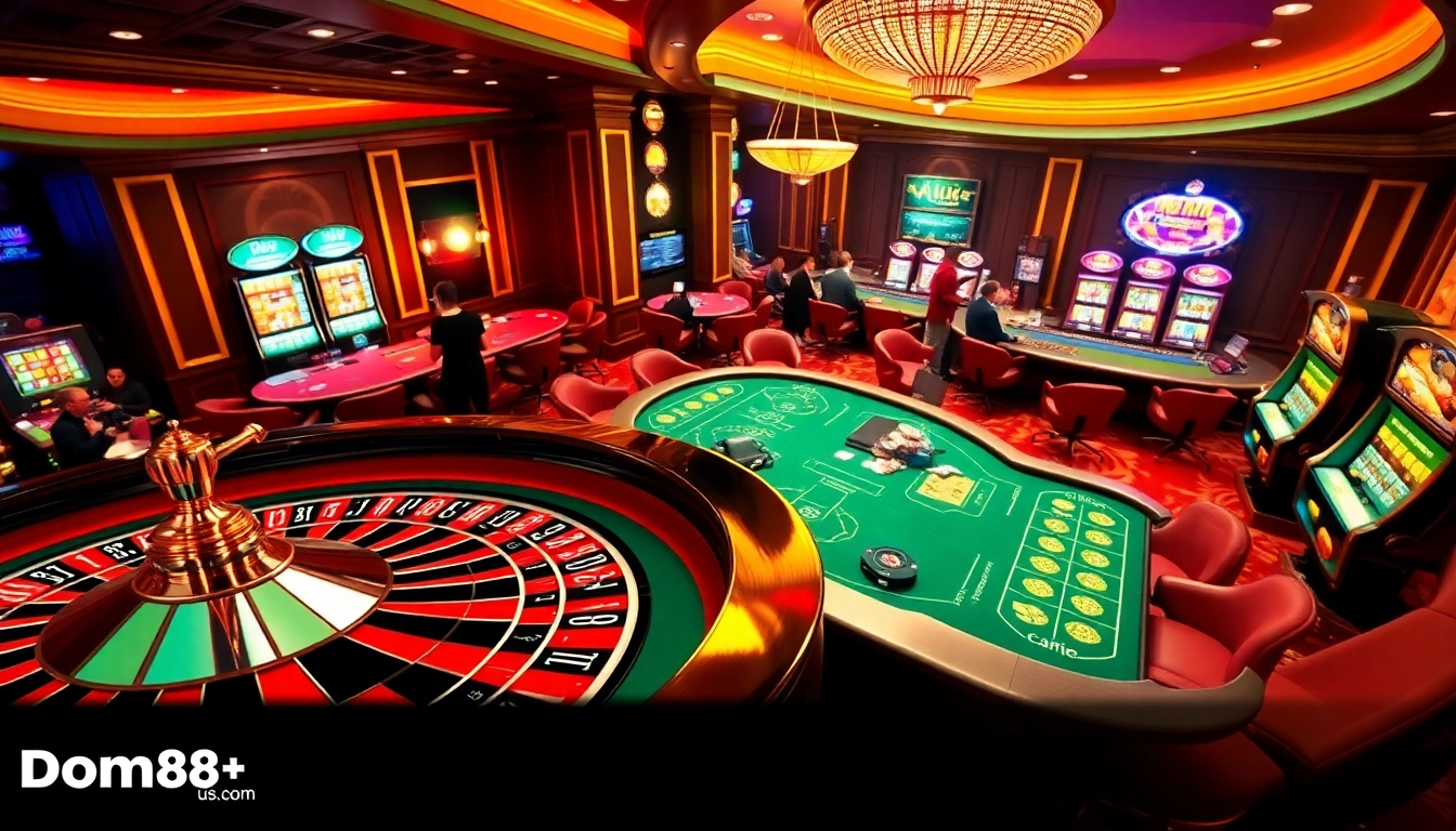 Players enjoying a high-stakes poker game at dom88.us.com with vibrant casino decorations.