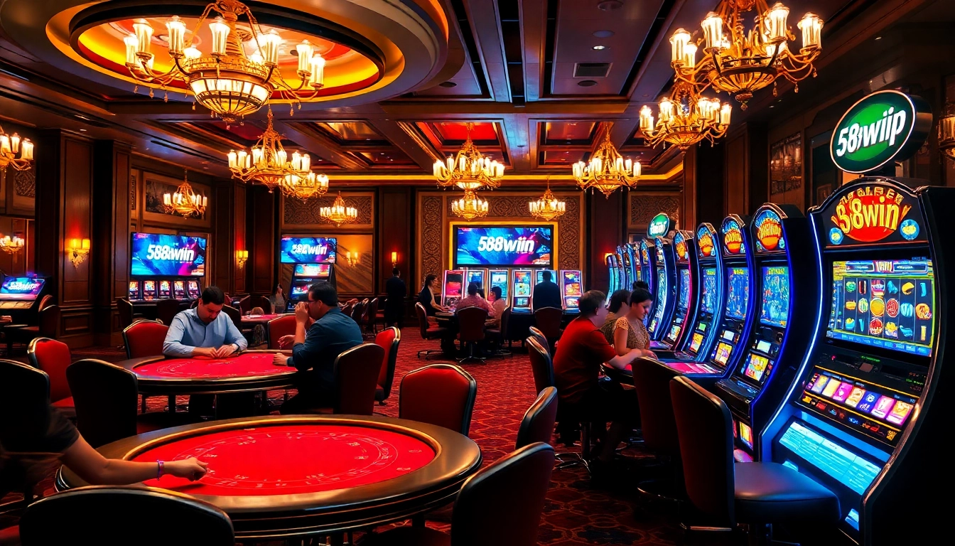 Experience the excitement of 58win vip with players at a luxurious casino floor, celebrating wins.