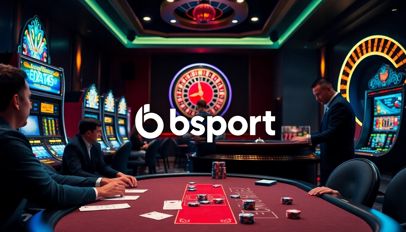 Players engaging at a vibrant bsport casino table with poker chips and roulette, showcasing excitement.