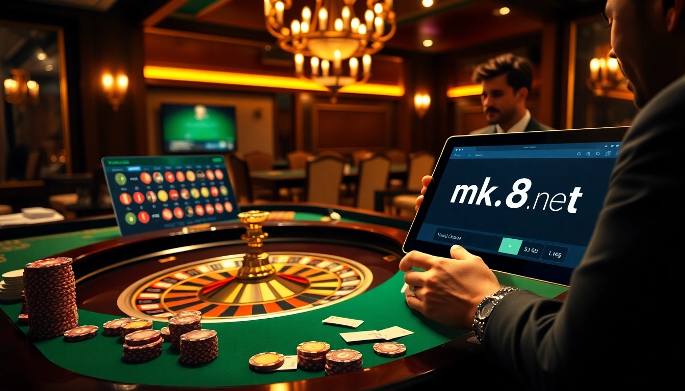 Experience the thrill of online gambling at mk8th.net with an elegant casino setup featuring roulette and poker elements.