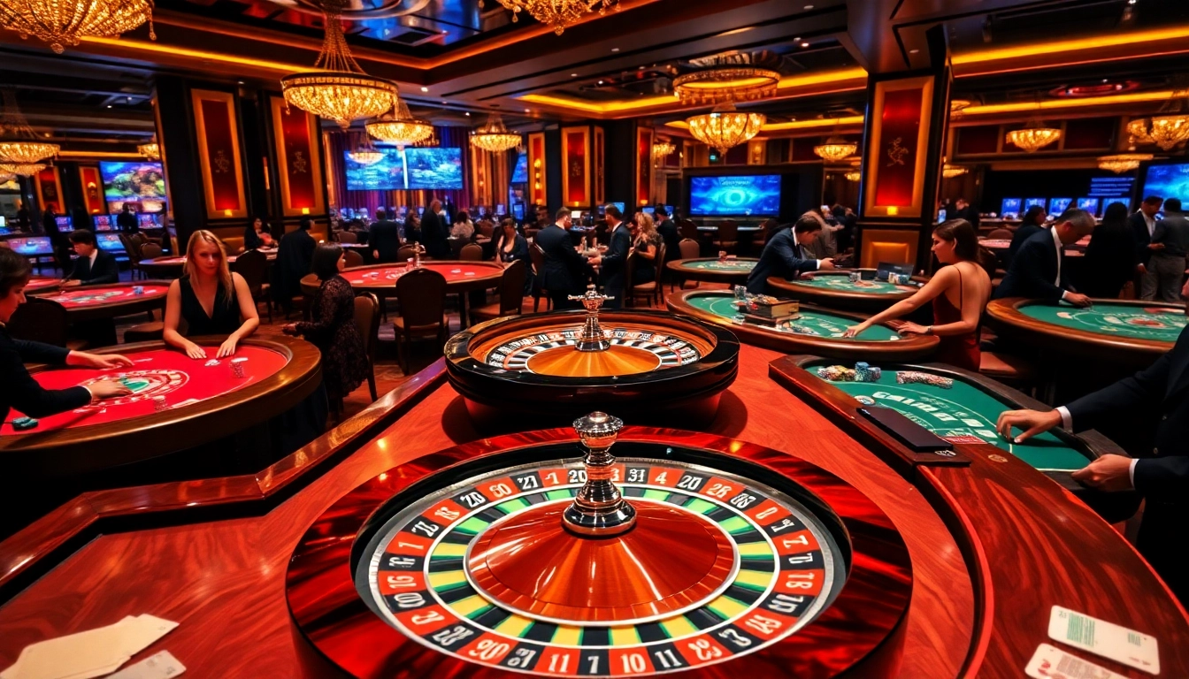 Experience the excitement of gambling at https://v188v.net/ with vibrant casino scenes featuring roulette wheels, professional dealers, and eager players.