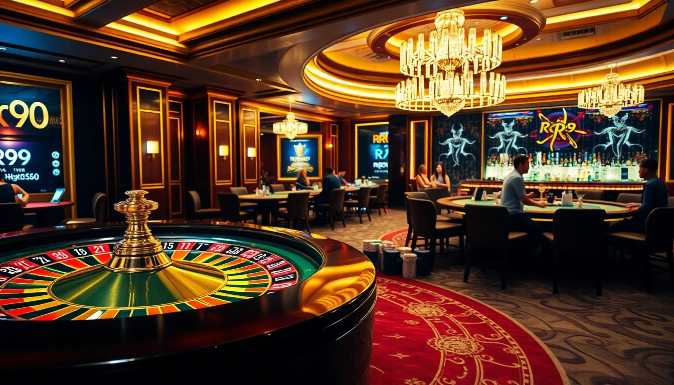 Exciting gambling action with roulette and poker, featuring rr99 themed decor.