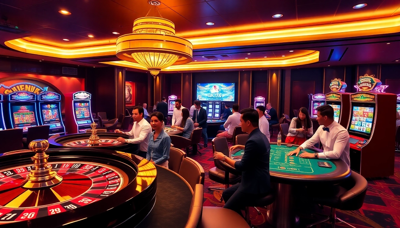 Exciting casino scene showcasing players at ok789 com with roulette wheels and poker tables.
