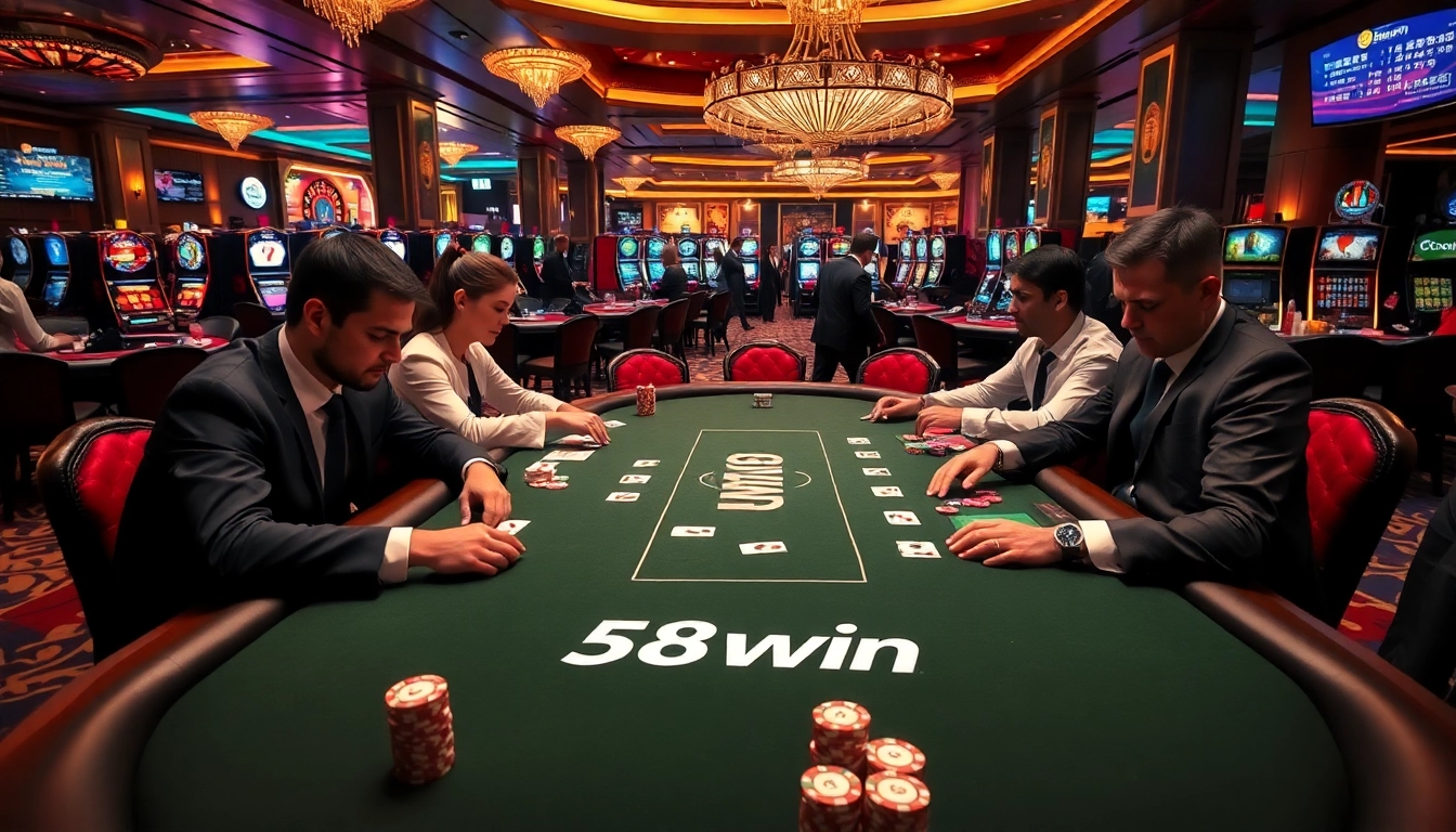 Players compete at a luxurious poker table, showcasing a vibrant 58win casino atmosphere with chips and cards.
