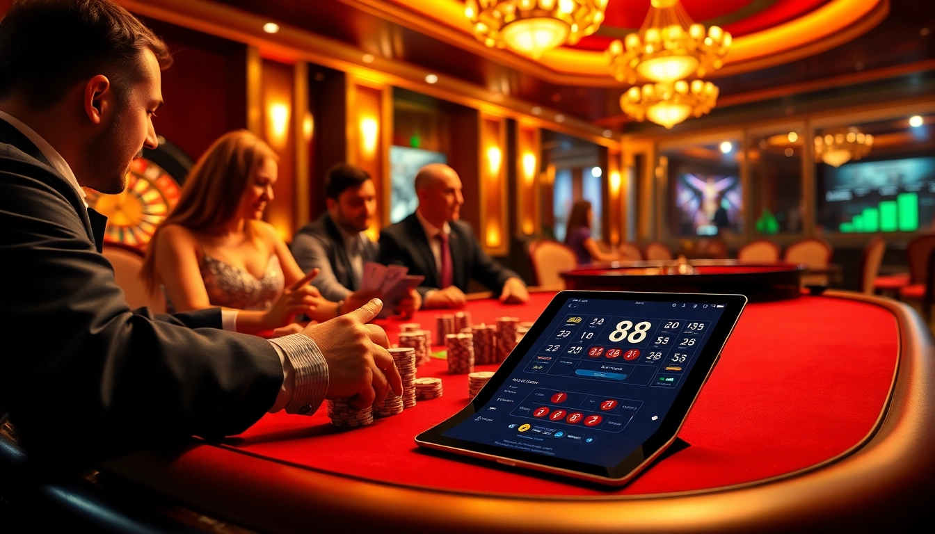 Players strategizing at a luxurious poker table in a casino while exploring link 88i options digitally.