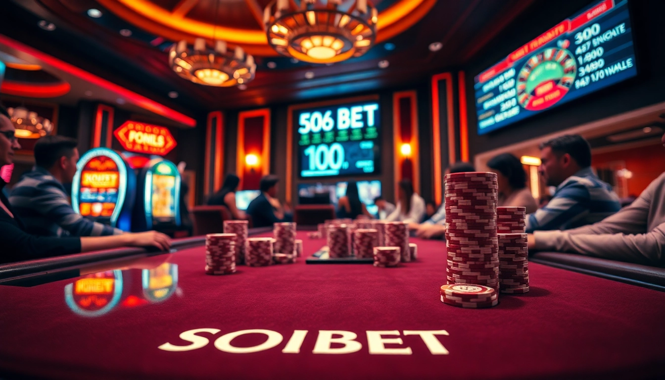 Engaged players at a SOIBET poker table in a luxurious casino environment.