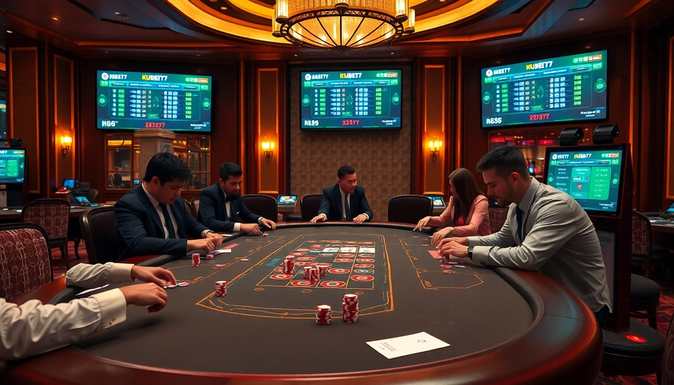 KUBET77 gaming table with vibrant action and professional dealers enhancing the excitement of casino betting.
