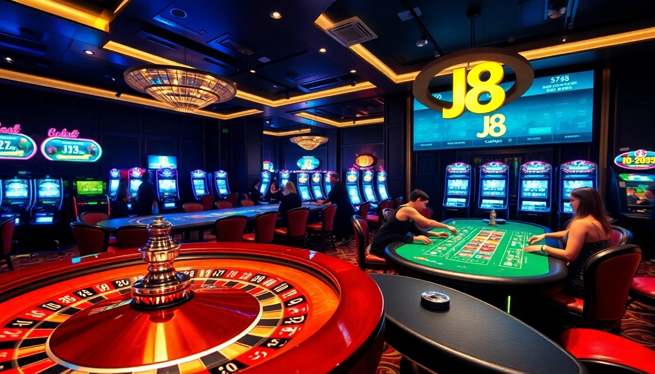 Engage in a thrilling casino scene showcasing classic games and modern online interfaces, highlighting J8.