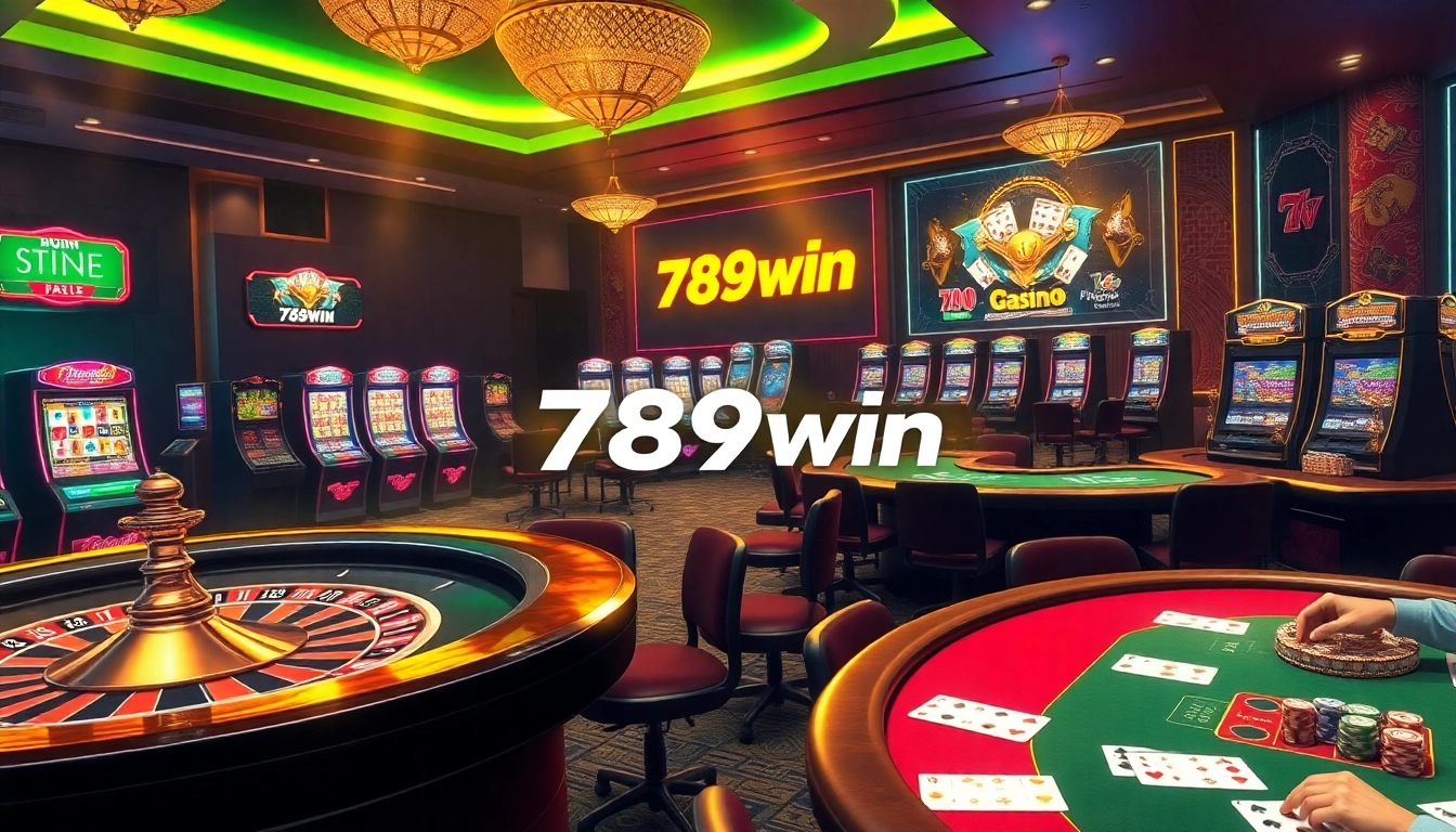 Experience the thrill of online gambling with 789win's action-packed casino scene featuring slots, poker, and roulette.