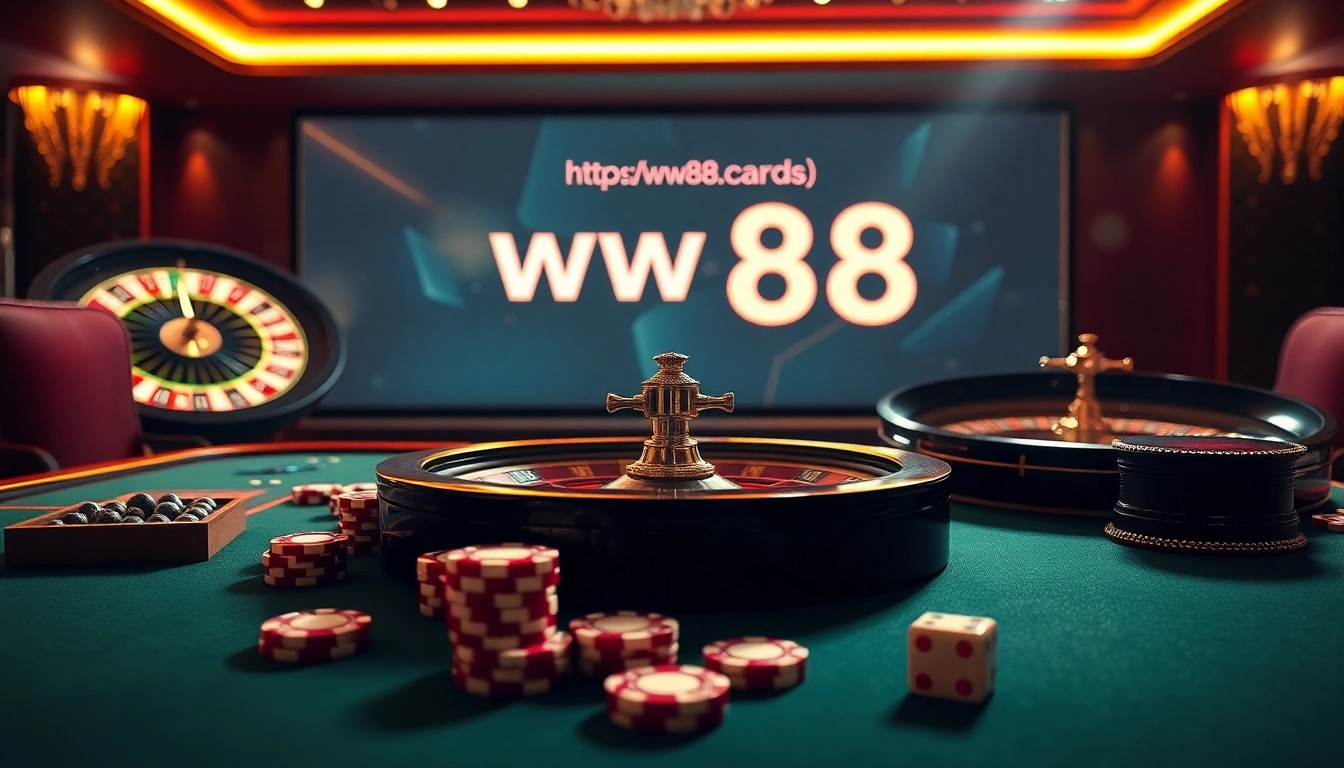 Experience the thrill of https://ww88.cards/ with a luxurious casino setup featuring a poker table and roulette wheel.