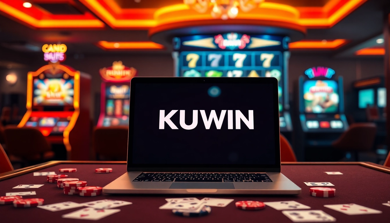 Kuwin online casino interface with vibrant poker chips and a high-definition slot machine in the background.