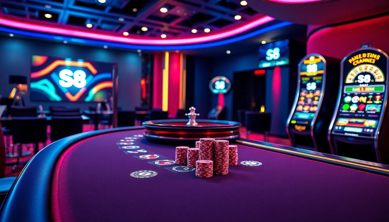 S8 gaming table with poker chips and vibrant casino atmosphere