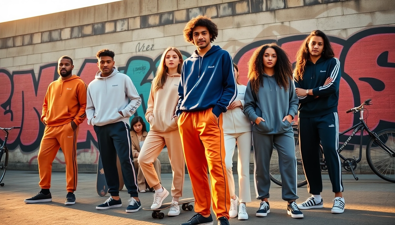 Stylish individuals in Essentials Tracksuit against an urban backdrop showcasing trendy streetwear fashion.