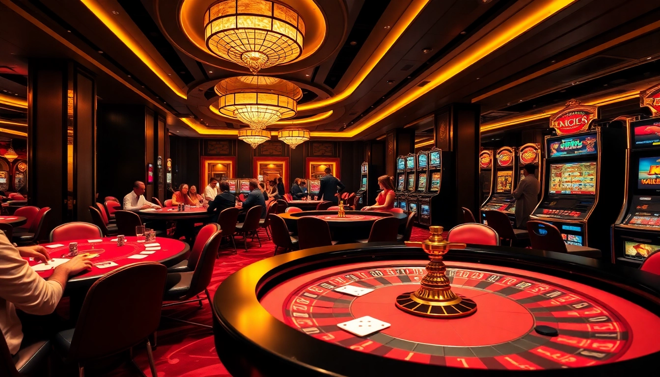 KJC casino scene showcasing players at poker tables and a vibrant roulette wheel for an exciting gaming experience.
