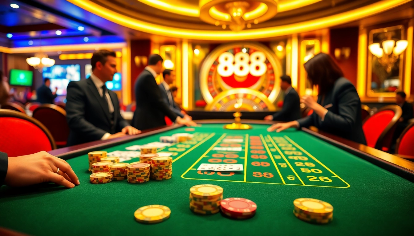 Experience the thrill of a casino with 88i-themed blackjack and roulette tables under elegant lighting.