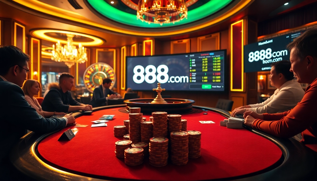 Exciting poker game scene at 888new.com casino, showcasing players, chips, and roulette excitement