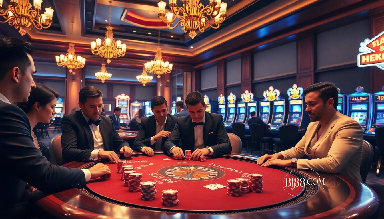 Poker players strategizing at BJ88 Com's luxurious casino table with vibrant chips and cards.