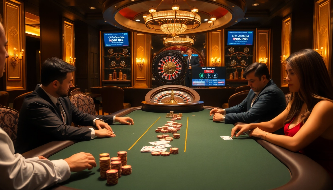 Experience high-stakes games at fb88's luxurious casino scene, featuring poker and roulette.