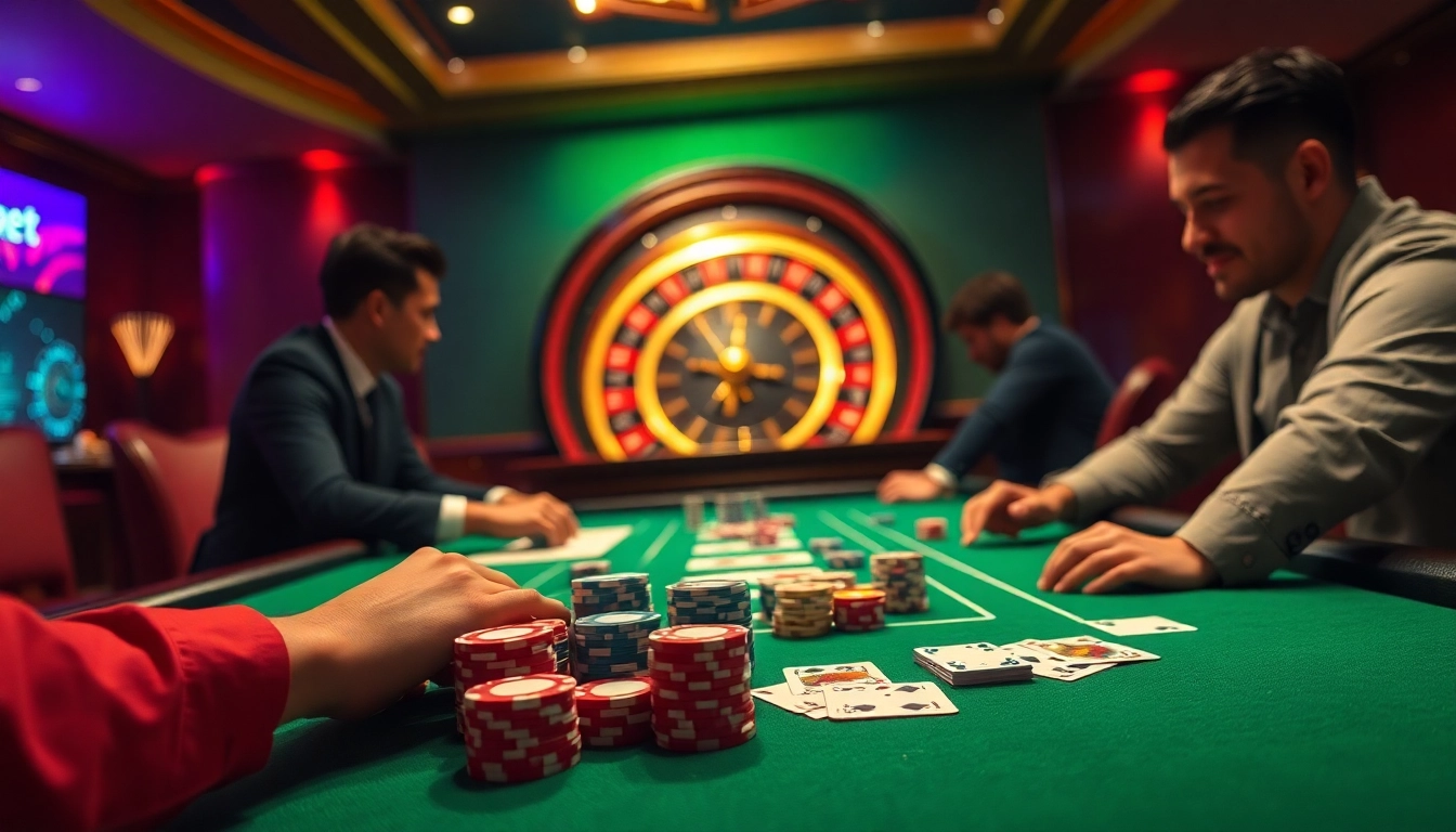 28bet players strategizing at a poker table, surrounded by vibrant casino graphics.