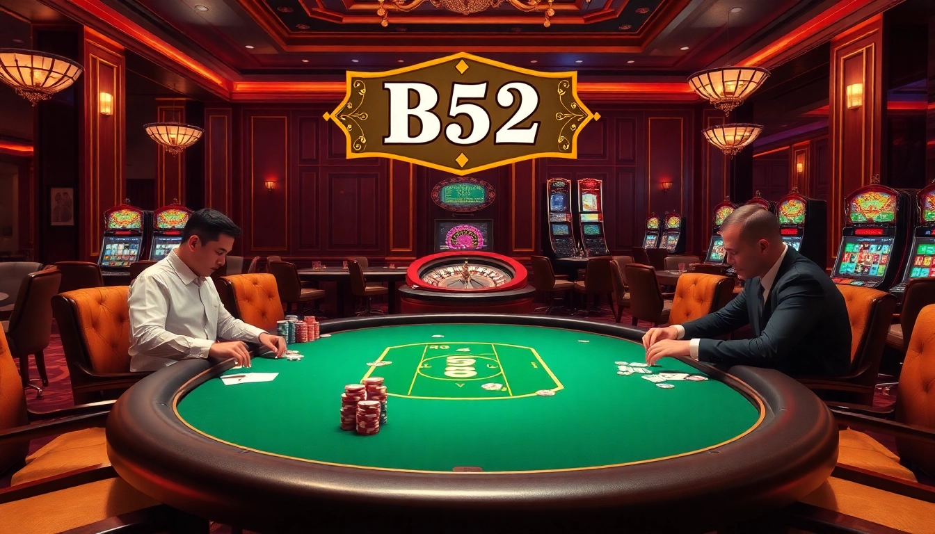 B52 poker game setup with players and luxurious casino elements, showcasing excitement and strategy.