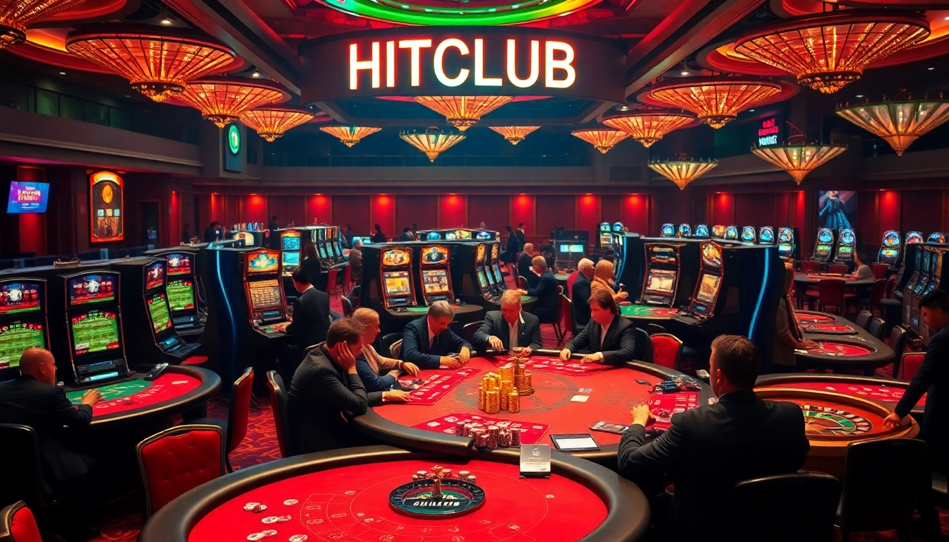 Gamblers enjoying excitement at HITCLUB casino with various gaming tables and vibrant atmosphere.