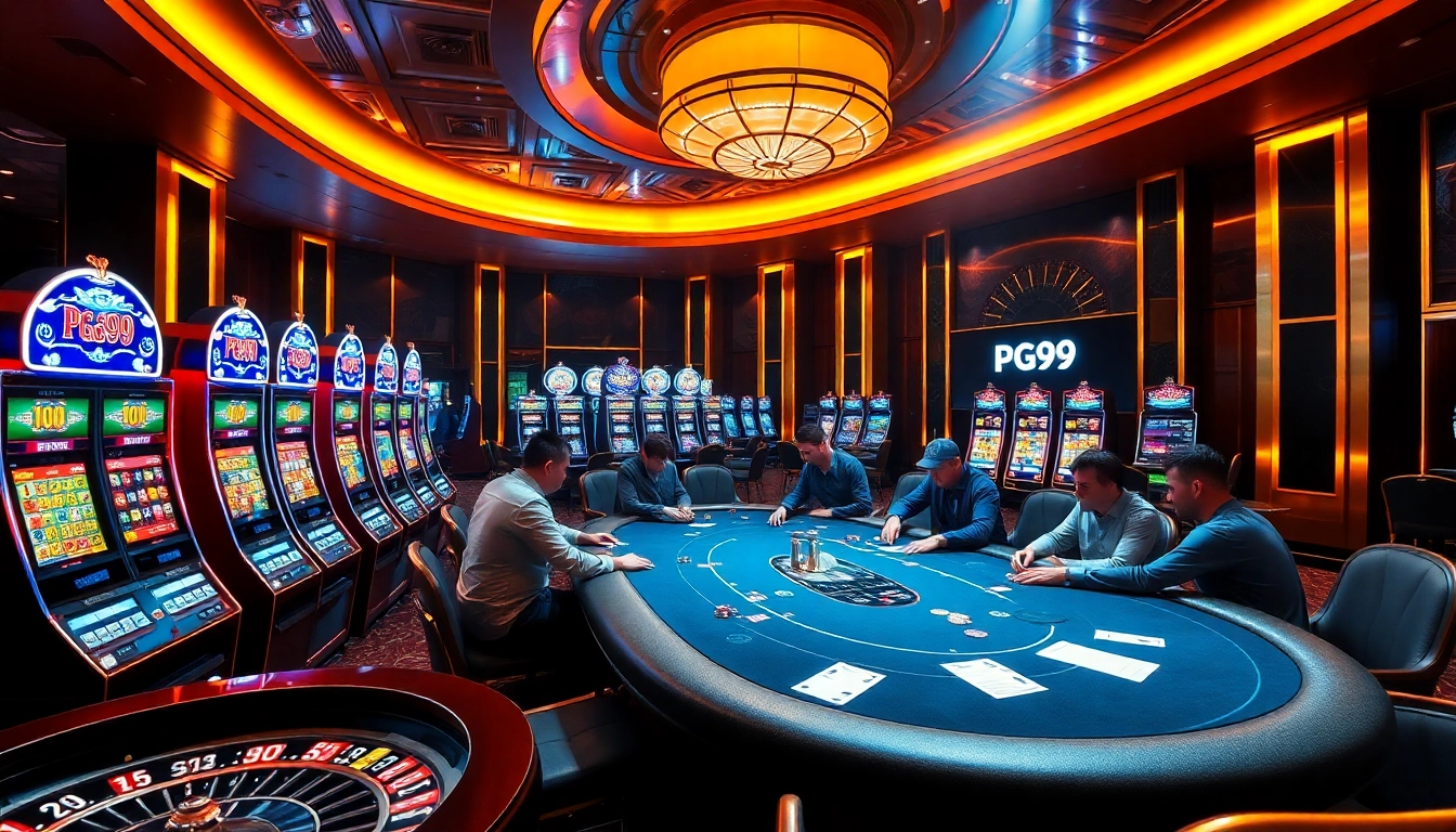 Experience the excitement of PG99 game with vibrant casino visuals featuring poker tables and slot machines.