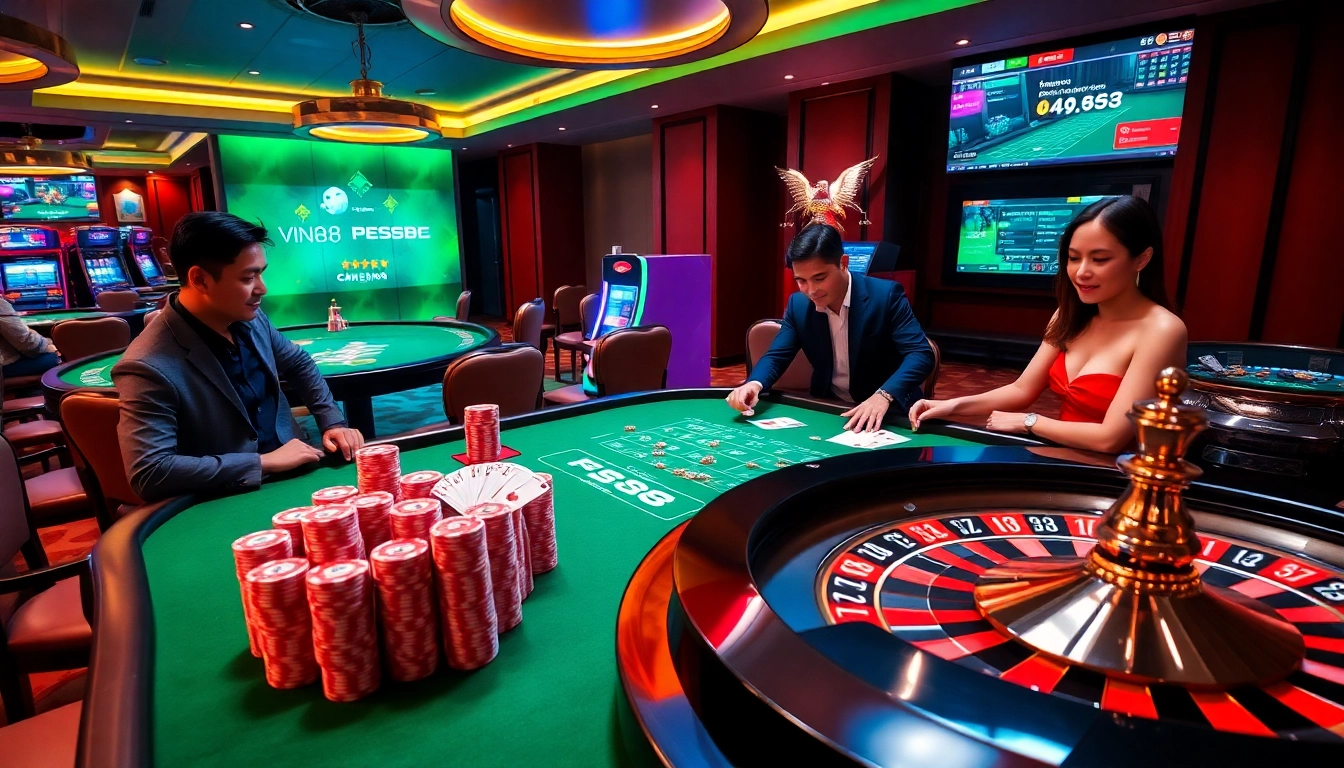 Engage in thrilling games at VIN88 casino, featuring vibrant tables and poker chips.