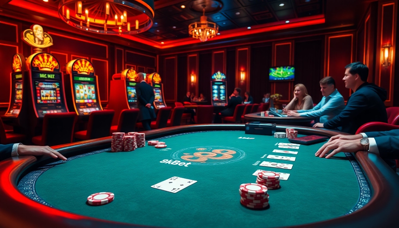 Players enjoying an exciting game at 8kbet casino table with poker chips and classy decor.