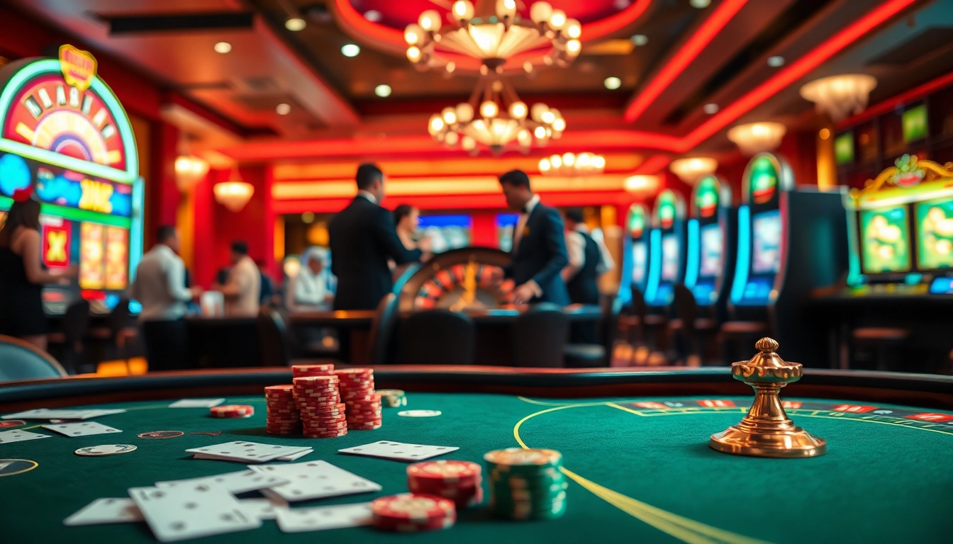 The thrilling energy of nhà cái ok365 captured in a luxurious casino scene with poker tables, roulette, and colorful slot machines.