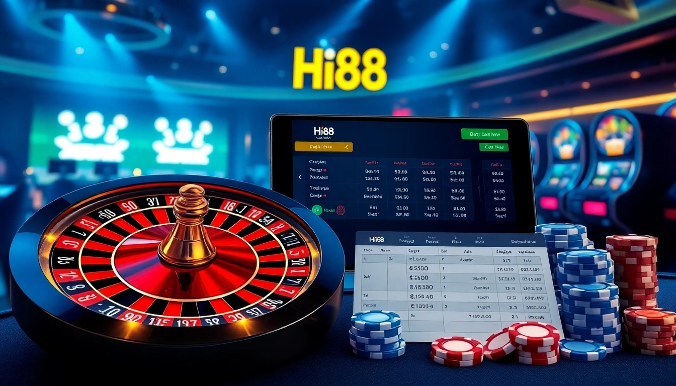 Betting on Hi88 with various casino games and vibrant roulette ambiance.