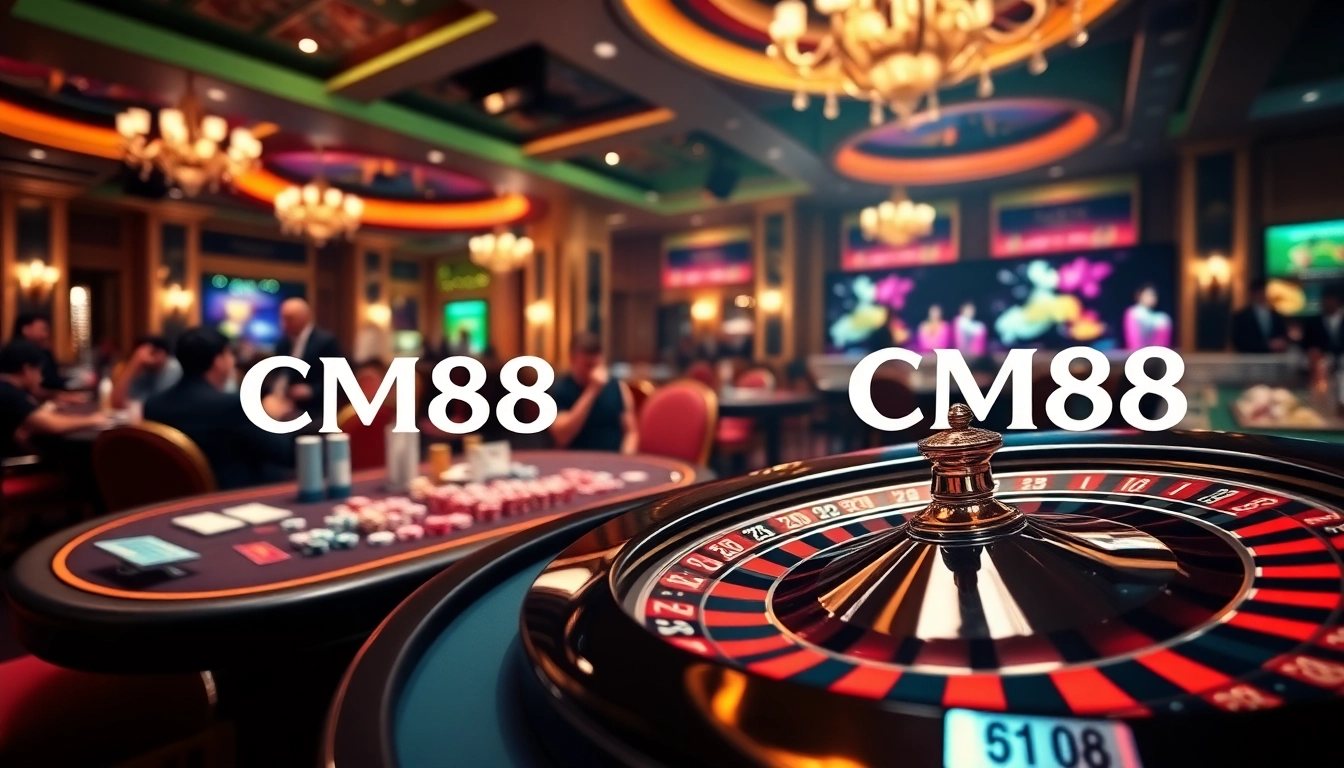 Players enjoying a thrilling gaming session at CM88 casino, featuring vibrant poker chips and roulette wheel.