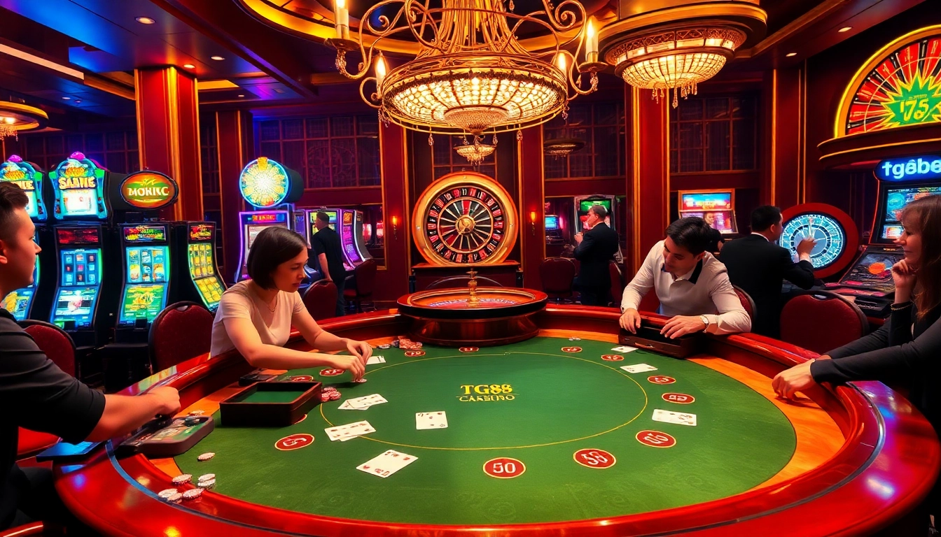Players strategizing at a luxurious casino blackjack table with TG88 atmosphere and vibrant gambling elements.